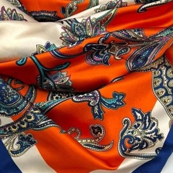 Navy Orange Scrolls Western Southwestern Wild Rag Scarf Accent - Picture 2 of 2